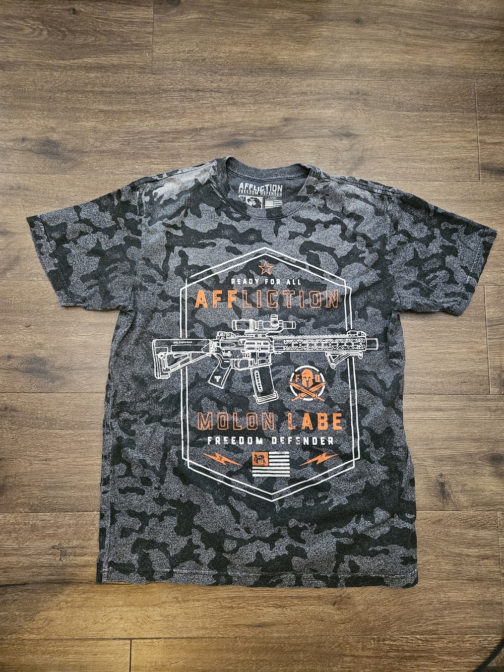 Affliction Black & Gray Camo Graphic Tee with Orange Accents